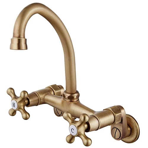Aolemi Kitchen Wall Mount Sink Faucet Antique Brass 6 Inch Center Ajustable 3 To 9 Inch Hole Distance Double Cross Handle Commercial Mixer Tap Swivel Spout #TOP13