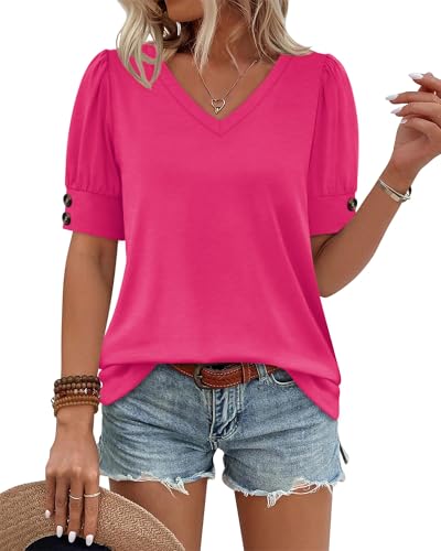 Image of OFEEFAN Womens Tops Short Sleeve Shirts Buttons V Neck Spring Fashion Summer Outfits Plus Size Blouses Dressy Casual