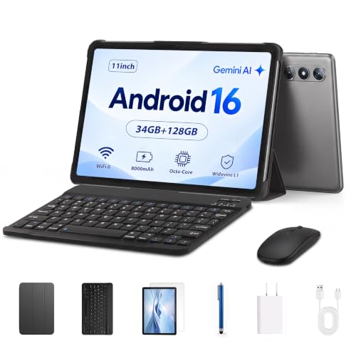 Tablet 11 inch, Android 16 Tablet with Keyboard, 34GB RAM 128GB ROM, Gray | Octa-Core, HD Touchscreen, 1TB Expansion, Gemini AI, GPS, 8000mAh, WiFi 6, BT5.2, Dual Camera, GMS with Case, Mouse, Stylus