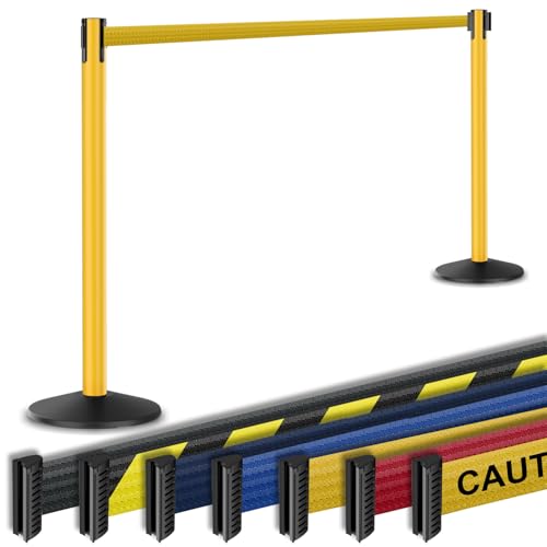 Visiontron Prime 10' Long Outdoor Weather Resistant Retractable Belt Stanchion 2 Pk, 40” Tall No-Tools Assembly Crowd Control Barriers (Yellow Alumnium Post w/Yellow Belt)