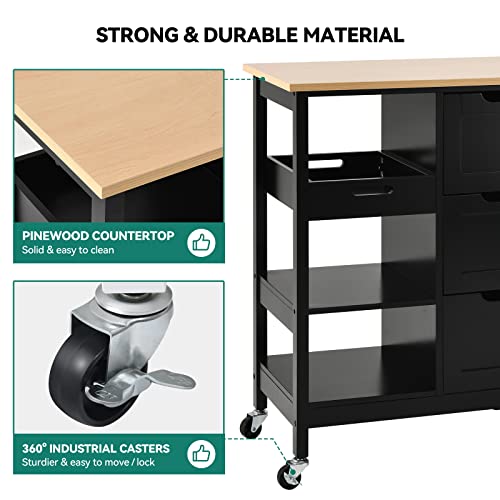 Yitahome Kitchen Island With Storage, Kitchen Cart For Home, Rolling Serving Utility Trolley Cart On Wheel With 3 Drawers And 3 Storage Shelves, Kitchen Serving Cart For Dining Room, Bar, Black #TOP3