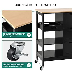 YITAHOME Kitchen Island with Storage Kitchen Cart for Home Rolling Serving Utility Trolley Cart on Wheel with 3 Drawers and 3 Storage Shelves Kitchen Serving Cart for Dining Room Bar Black