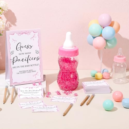 Image of Roowest 512 Pcs Baby Shower Games Guess How Many Pacifiers Sign 100 Small Guessing Games 10 HB Pencils 750ml Milk Bottle 400 Acrylic Pacifiers Decoration for Guest Gender Reveal(Pink,Bow)