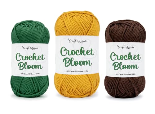 Image of Craft Affair | Crochet Bloom Cotton Yarn 8ply (Each Color 2mm, 77Meter, 50Gram) 100% Pure Cotton | for Knitting & Crocheting | Craft & DIY Project: Forest-Green, Mustard, Coffee