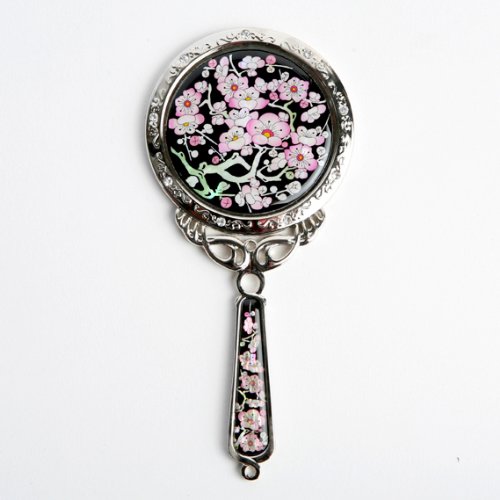Antique Alive Mother of Pearl Princess Pink Plum Flower Design Round Stainless Steel Cosmetic Makeup Hand Mirror