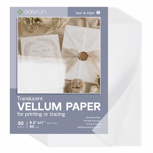 Translucent Vellum Paper 8.5 x 11, Goefun Vellum Paper Printable 50 Sheets for Invitations, Wedding Envelope Liners, Belly Bands, Sketching, Tracing, Drawing