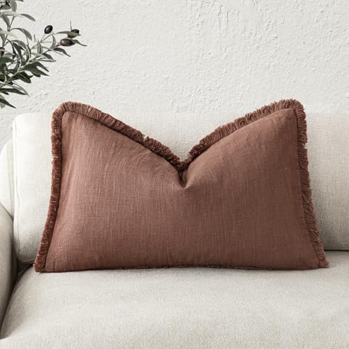 Image of Foindtower Decorative Linen Fringe Lumbar Throw Pillow Covers Cozy Boho Farmhouse Cushion Cover with Tassel Soft Accent Pillowcase for Sofa Bed Living Room Home Decor, 12x24 Inch,1PC,Rust Red