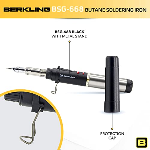Berkling Bsg-668 Premium Butane Soldering Iron - Portable Cordless Adjustable Micro Solder Torch Gun For Electronics, Jewelry, Welding & Brazing - Pro Grade Includes Plated Copper Tip + Stand (Black) #TOP3