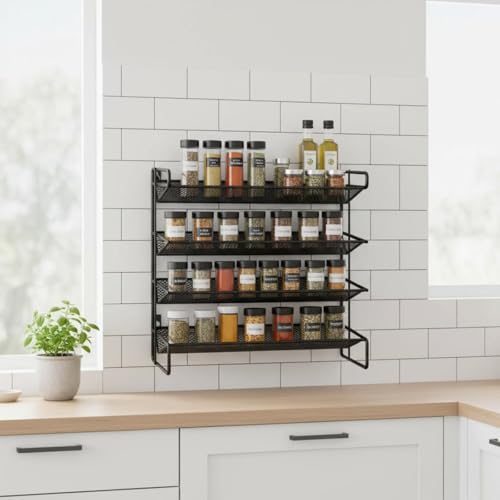 DimyFew Wall Mount Shelf Spice Rack Organizer Storage Stand Holder Four Tier Mesh Shelves Large Capacity For Dozens Of Jars iron construction with finish suitable for pantry truck, 4-Layer Tall - Image 5