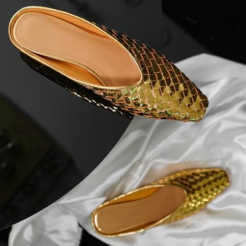 Image of Woven Mules for Women Slip on Comfortabke Metallic Slides Ladies Trendy Square Toe Hidden Wedge Mules