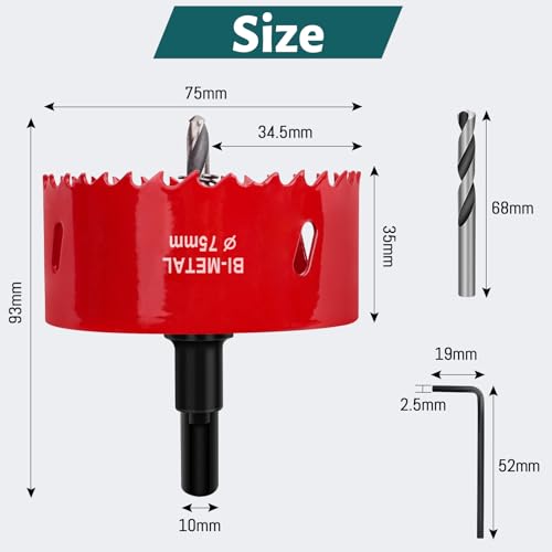Miniatura 2 de Yeepeo Sierras De Corona 75mm, M42 Hss Bi-Metal Corona Taladro Con Adaptador Hexagonal Y Taladro, Corona Metal Para Pladur Madera Plástico, 1 Pieza Rojo