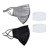 100% Mulberry Silk Face Mask with PM2.5 Filter and Filter Pocket, Reusable,Fashionable,Anti Dust Mouth Cover with Adjustable Ear Loops,Light Weighted,for Girls, Women and Men, Black & Gray, Large Size, 2PCS