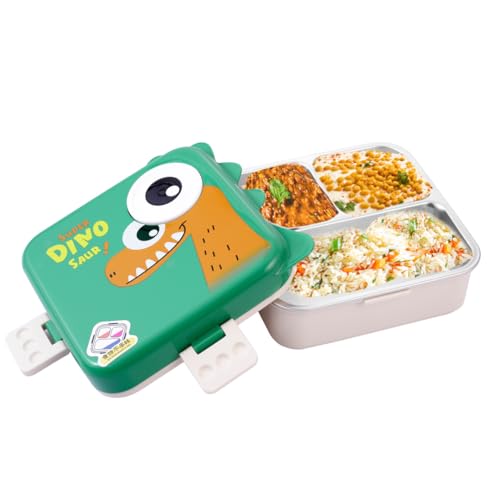 Image of ATTRO Carnival Super Dino Lunch Box 2 Layer Stainless Steel Lunch Box Comes with 1 Detachable Tray, 1 Small Container & 1 Spoon Ideal for Kids BPA Free 1120ml+70ml- Green