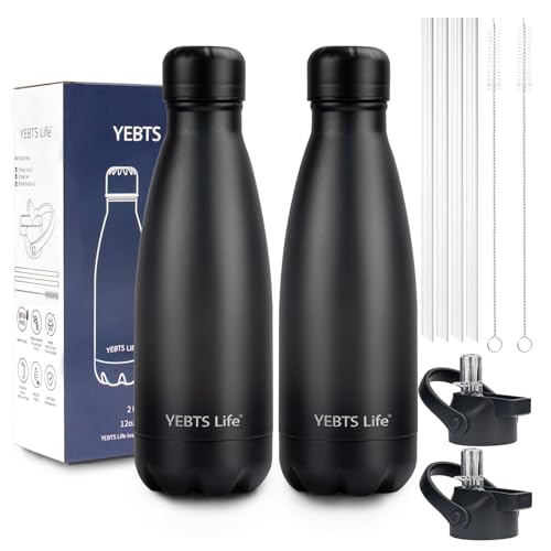 Insulated Water Bottle,2 Pack-9oz Stainless Steel Water Bottles with straw lid,Metal Sports Thermos Water Bottles for Boys,Girls,Double Wall Vacuum BPA-Free Flask for School, Sports & Travel-Black