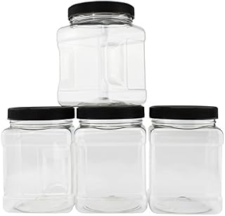 32-Ounce Square Plastic Jars (4-Pack); Clear Rectangular 4-Cup Canisters w/Black Lids, Easy-Grip Side