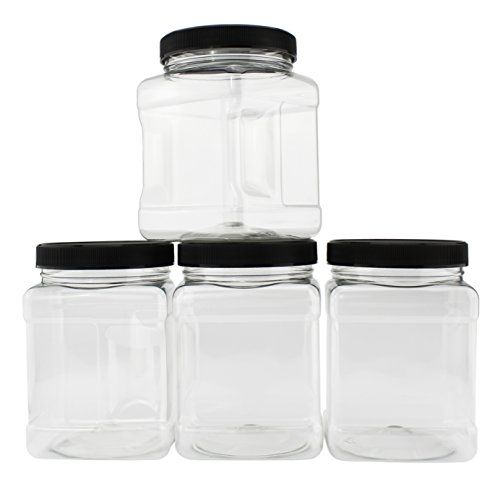 32-Ounce Square Plastic Jars (4-Pack); Clear Rectangular 4-Cup Canisters w/Black Lids, Easy-Grip Side