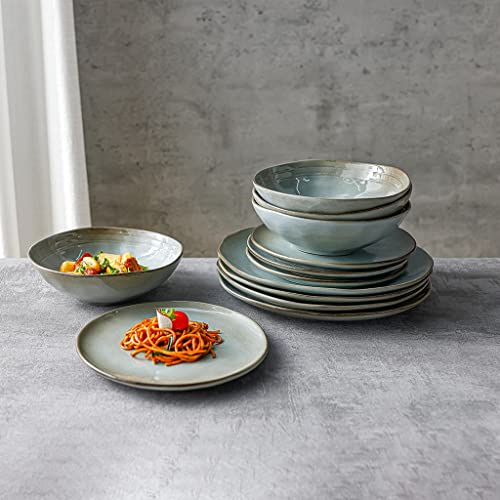 Foto von Kadum Keramik Geschirr-Set für 4 Personen, 12-teilig, Beige Grau, 4 Speiseteller Ø 26,5 cm, 4 Pastateller Ø 20,5 cm, 4 Frühstücksteller Ø 21 cm, Handgefertigt, Spülmaschinen- & Mikrowellengeeignet