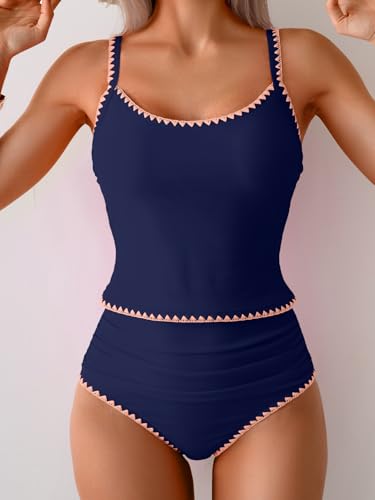Image of Eomenie Tankini Swimsuit for Women Tummy Control Ruched Two Piece Bathing Suits High Waisted Shell Stitch Swimwear