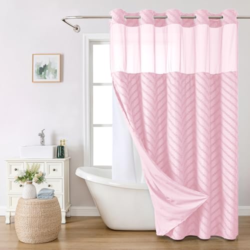 eachope No Hook Boho Farmhouse Shower Curtain with Snap-in Fabric Liner set-71Wx74H(72H),Pink Tufted Chevron Striped Hotel Grade Cloth Shower Curtains for Bathroom with Window,Water Repellent