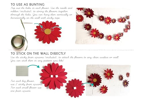 Image of Red Daisy Flower Wall and Party Decor. This Easy Decor kit Comes with 18 Paper Flowers, Needle, 10 feet Satin Ribbon and Sticky Foam Squares.