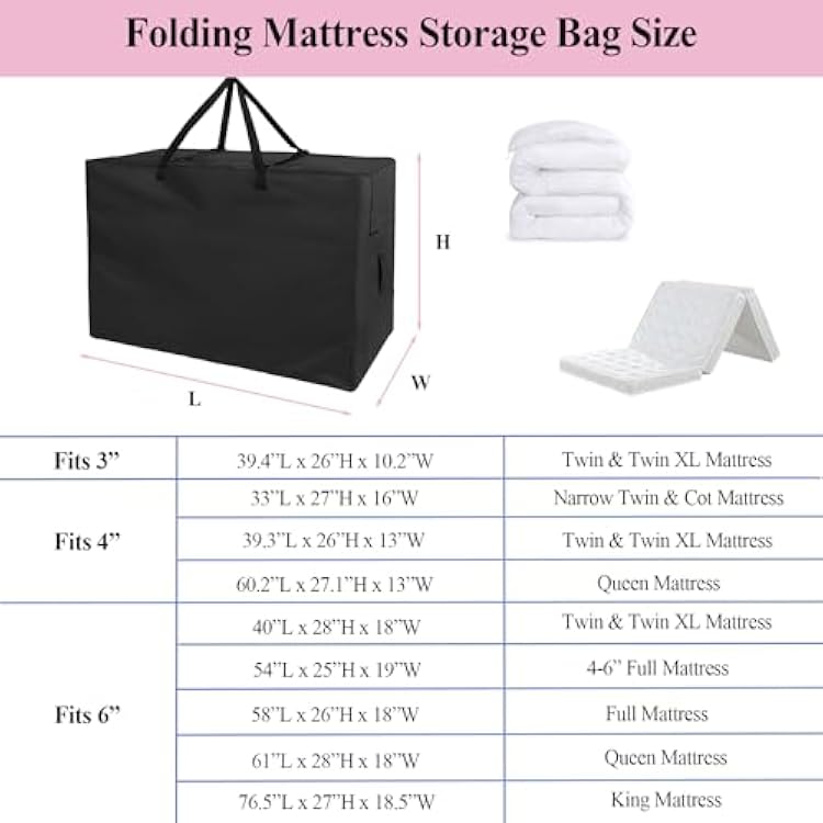 Folding Mattress Storage Bag - 40 inch Heavy Duty Carrying Bag for 4-6 inch Twin & Twin XL Tri-fold Mattress Sturdy Waterproof Cushion Storage Bag - 40L28W18H, Black, Cover Only
