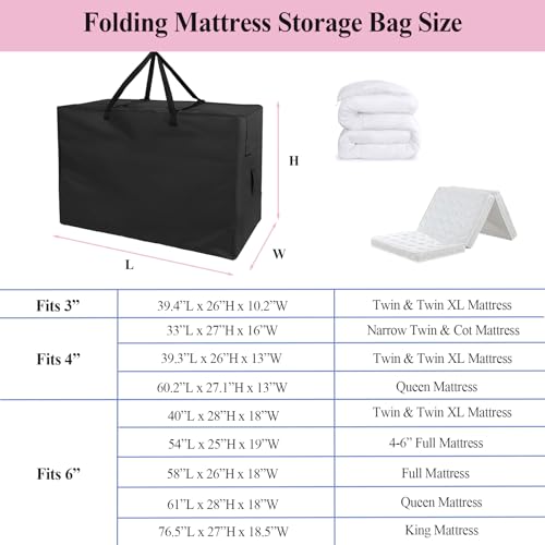 Andacar Folding Mattress Storage Bag - Andacar 63 inch Foldable Mattress Carry Case Fits for Tri-Fold Up to 6 inch Queen Mattress Waterproof Cushion Storage Bag - 61"L×28"W×18"H, Black, Cover Only