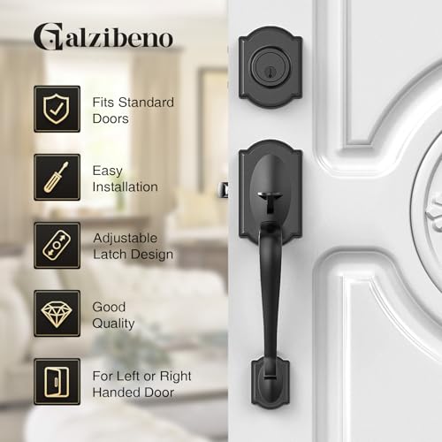 Image of Front Door Lock Set, Black Front Door Handle and Deadbolt Set, Vintage Exterior Door Lock Set, Front Door Handle with Single Cylinder, Reversible for Right & Left, Matte Black