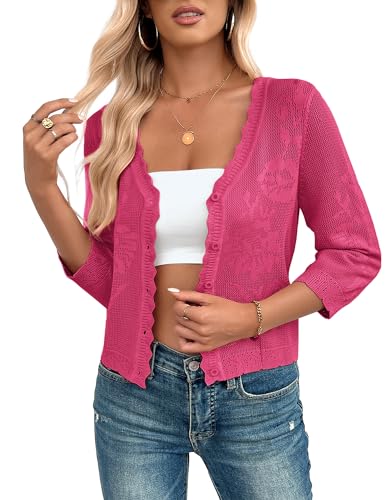 Image of Women Crop Cardigan Sweaters Lightweight 3 /4 Sleeve Button Up Crochet Shrug | Textured Bolero For Dresses Dressy Casual, V Neck, Ladies Eyelet Shawl Thin Trendy