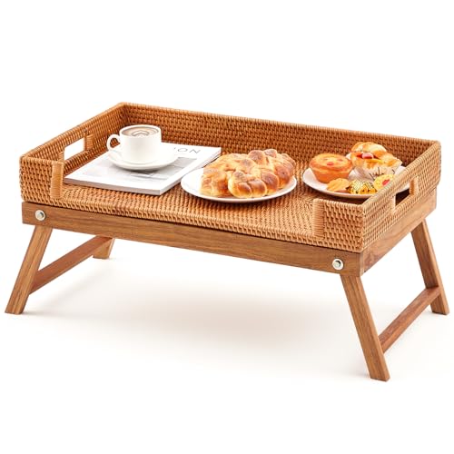 Colingmill Rattan Breakfast Table Tray with Foldable Legs Rectangular Butler Snack Serving Bed Tray for Bed Sofa Eating Breakfast Snacking