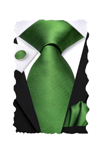 Image of Hi-Tie Men 63inches Tie Set Extra Long Necktie Paisley Tie Pocket Suqare Cufflinks Big and Tall Men Tie,Grass Green