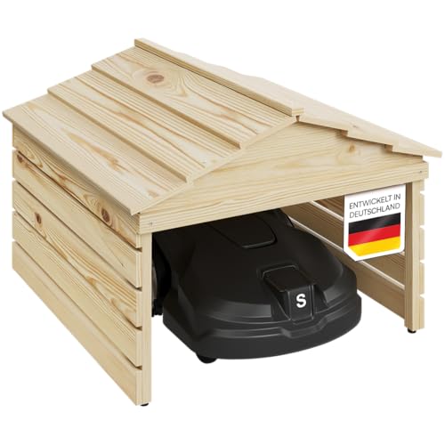 STEELSØN Nembus Mähroboter Garage Natur – Rasenroboter Garage Holz – Rasenmäher Haus mit abnehmbarem Dach – für gängige Rasenmähroboter – Rasenmäher Unterstand mit UV-Schutz – Überdachung Mähroboter