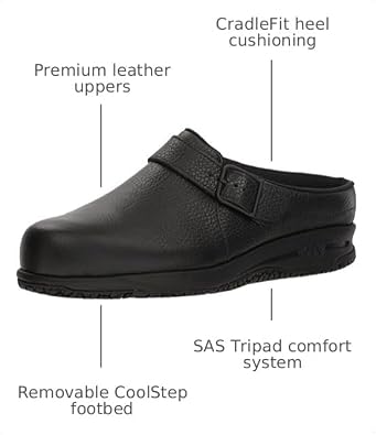 SAS Clog Comfort Slip On Womens Shoes Leather Upper Textile Lining CoolStepTM Footbed CradleFitTM Heel Black 7.5 W - Wide (C)