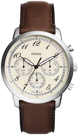 Fossil Men's Neutra Quartz Stainless Steel and Brown Leather Chronograph Watch with Arabic Numerals, Analog Watch for Men, Color: Silver/Brown (Model: FS6022)