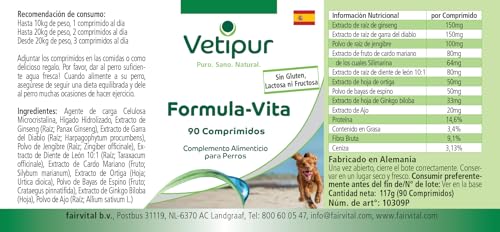 Vetipur Vita-Formel - 90 Tabletten - Rundumversorgung mit Ginseng, Teufelskralle, Ingwer, Mariendistel, Löwenzahn, Brennnessel, Weissdorn und Gingko Biloba - Futterergänzung für Hunde