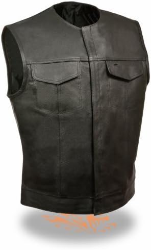 Men's SOA Collarless Leather Vest w/Dual Inside Gun Drop Pockets Perfect for Club Colors & Patches (Medium)
