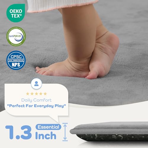 Image of 1.3 inch Thick Baby Play Mat 39x59 Memory Foam Play Mat, Light Grey | Baby Floor Play Mat Waterproof Easy Care with Non-Slip Tummy Time Play Mat for Nursery Playroom Classroom