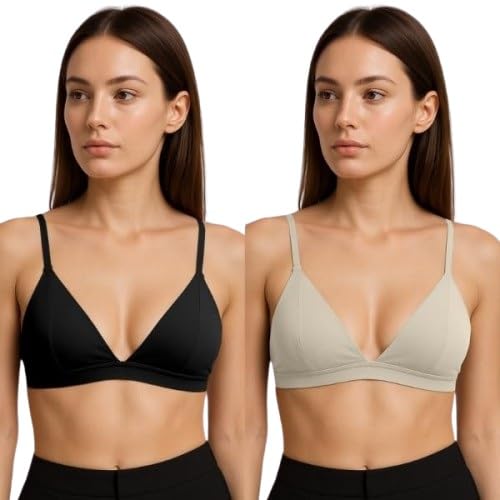 Women’s Seamless Wireless Bralette Soft Padded Triangle Bra Lightweight Comfortable Everyday for Women & Girls (Pack of 2) (in, Numeric, 28, 28 Go, A, 28, Regular, Standard, Black and Beige)-picture-49