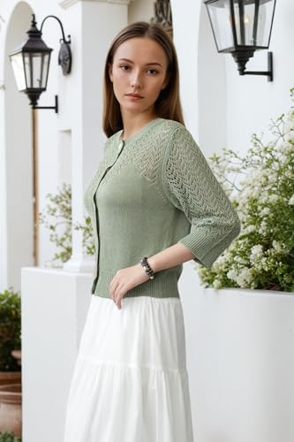 Image of Women's Lightweight Crochet Cardigan Sweater Open Front Knit Lace-Up Cover Up Casual Spring Fall Chic Outerwear Tops 23 Green M