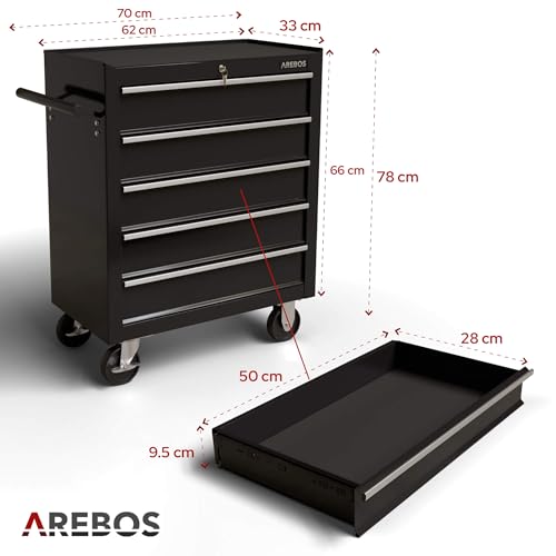Miniatura 2 de Arebos Carro De Herramientas 5 Cajones Con Cierre Centralizado Incl. Alfombrillas Antideslizantes Cajones Con Correderas De Bolas 2 Ruedas Con Freno De Bloqueo Negro