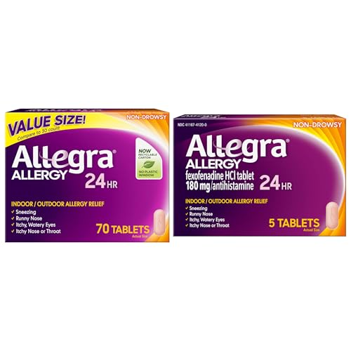 Allegra Adult 24-Hour Allergy Relief Tablets, Non-Drowsy Indoor and Outdoor Allergy Medicine, 180 mg Fexofenadine HCI Antihistamine Pill, 70-Count & 5-Count Bundle