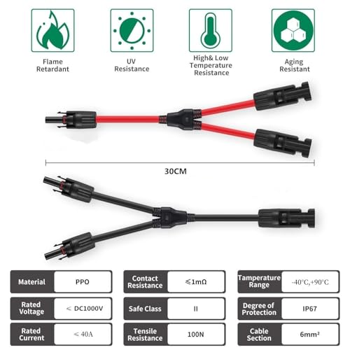 GENORTH 6 mm² Solarkabel Y Verteiler,1Y2 10AWG Solarpanel Y Stecker Solar Paar MMF und FFM,PV Y Kabel für Solaranlage Photovoltaik(Rot + Schwarz)