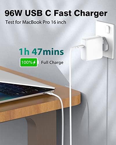 96W USB C Charger for MacBook Pro 16/15/14/13 inch 2021, 2020, 2019, 2018, New MacBook Air, iPad Pro 12.9/11 inch, Type C Fast Power Adapter, with 2M 5A USB C to USB C Charger Cable, LED 