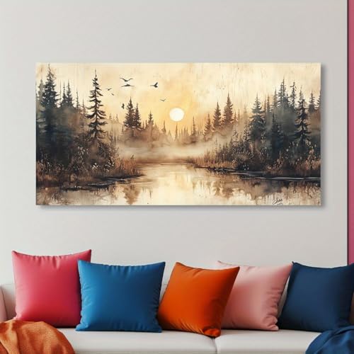 Tableau abstrait coucher de soleil forêt 60x140cm déco murale grand format