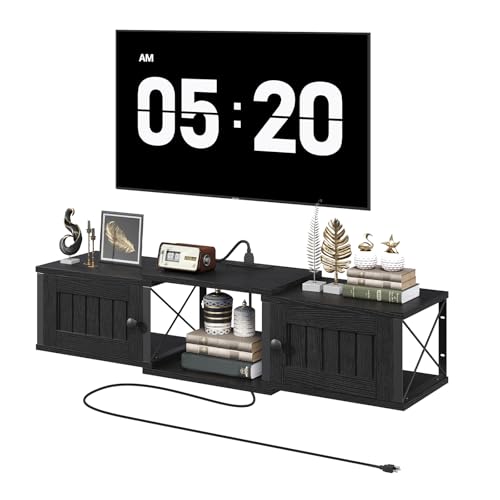 MAHANCRIS Farmhouse Floating TV Stand with Power Outlet, Wall Mounted Entertainment Center with Doors, Floating Media Console Cabinet with Storage, for Living Room, Bedroom, Black TVBK401E01
