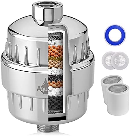 AQUALUTIO 15 Stage Shower Filter With Vitamin C - High Output Revitalizing Shower Head - Purifier Bathroom Filtration System For Hard Water, Chlorine, Heavy Metals & Odors [Extra Cartridge Included]