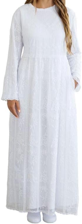 Women's White Pull Over Temple Dress | Easy Care| Floral Lace | Side Pockets | Full-Length | High Waist