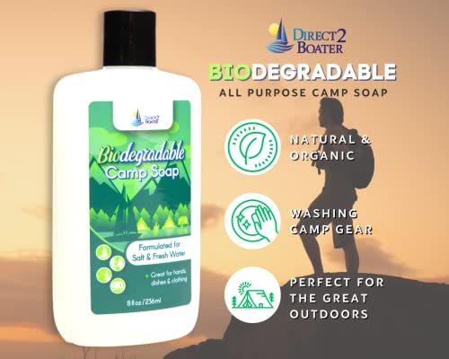 Biodegradable Camp Soap - 8 Oz Bottle Soap - For Fresh & Salt Water - For Hands, Dishes & Clothing - Unscented Liquid Camp Soap - Fragrance Free Hand Soap - Travel Laundry Soap #TOP2