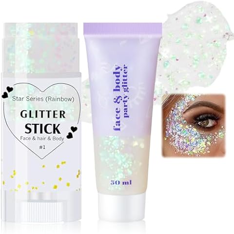 Wugbc 2Pcs Body Glitter Gel Stick,Face Rave Hair Accessories, Holographic Makeup Festival Mermaid Shimmer Chameleon Sequins Sparkling for Women Singer Concerts Disco Party Glitter, White Cover