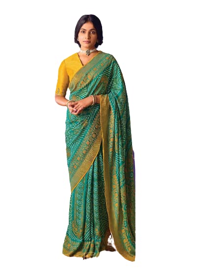 THATH BANARAS Women Paithani And Brasso Silk Printed Saree with Designer Blouse Piece (Color:- Yellow & Blue)