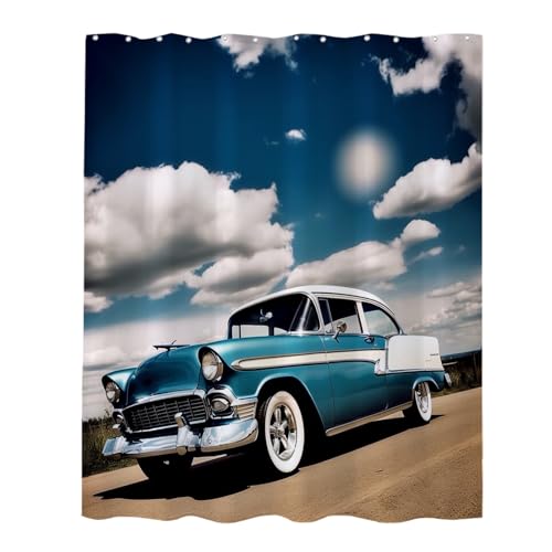 Winteriew Cool Retro Car Shower Curtain Vintage Antique Car Sunset Cloudy Theme Fabric for Men Boys Bathroom Decor Sets with Hooks Waterproof Washable 72 x 72 inches Navy Blue and White